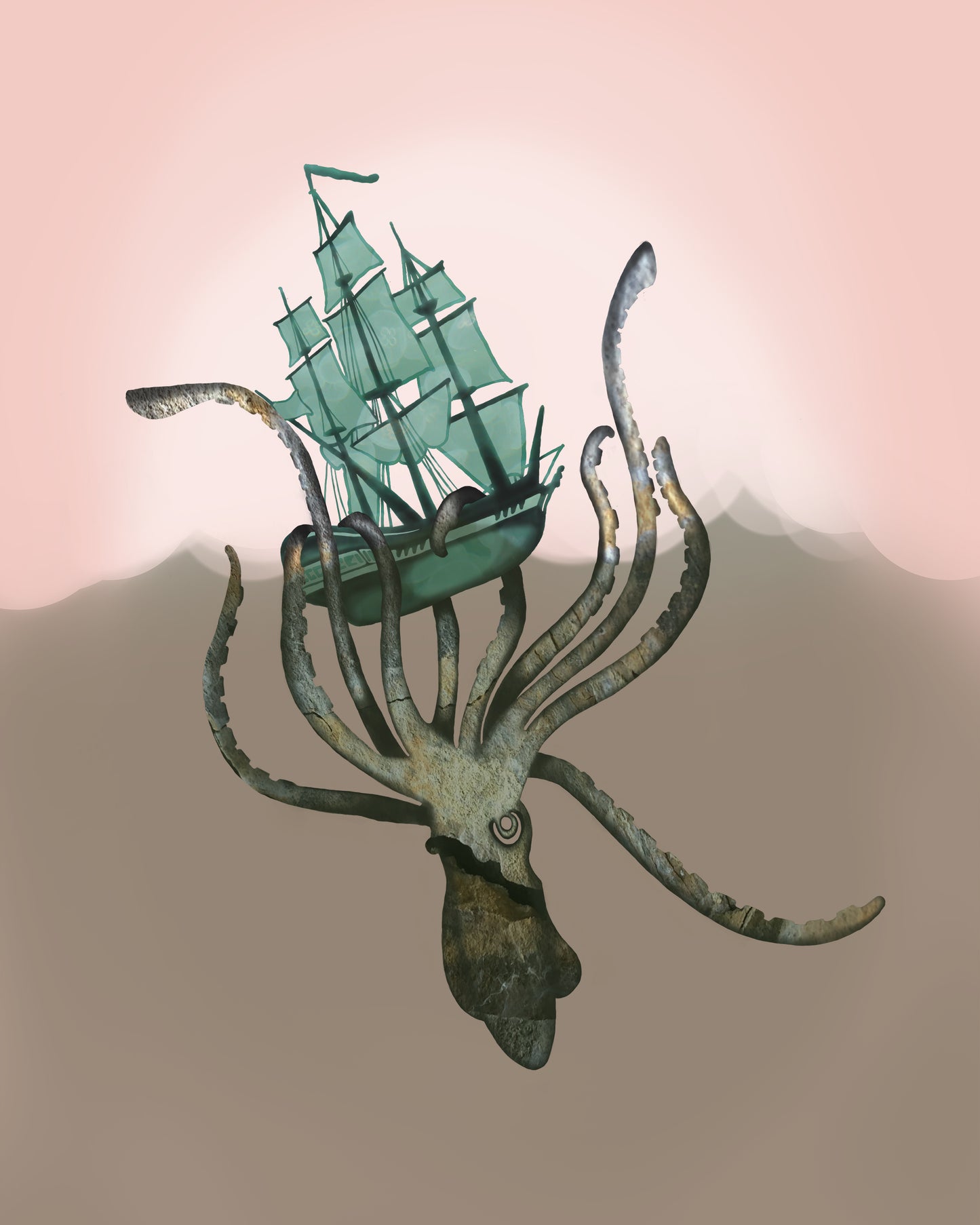 Giant Squid Attacks Boat - Pink Waters